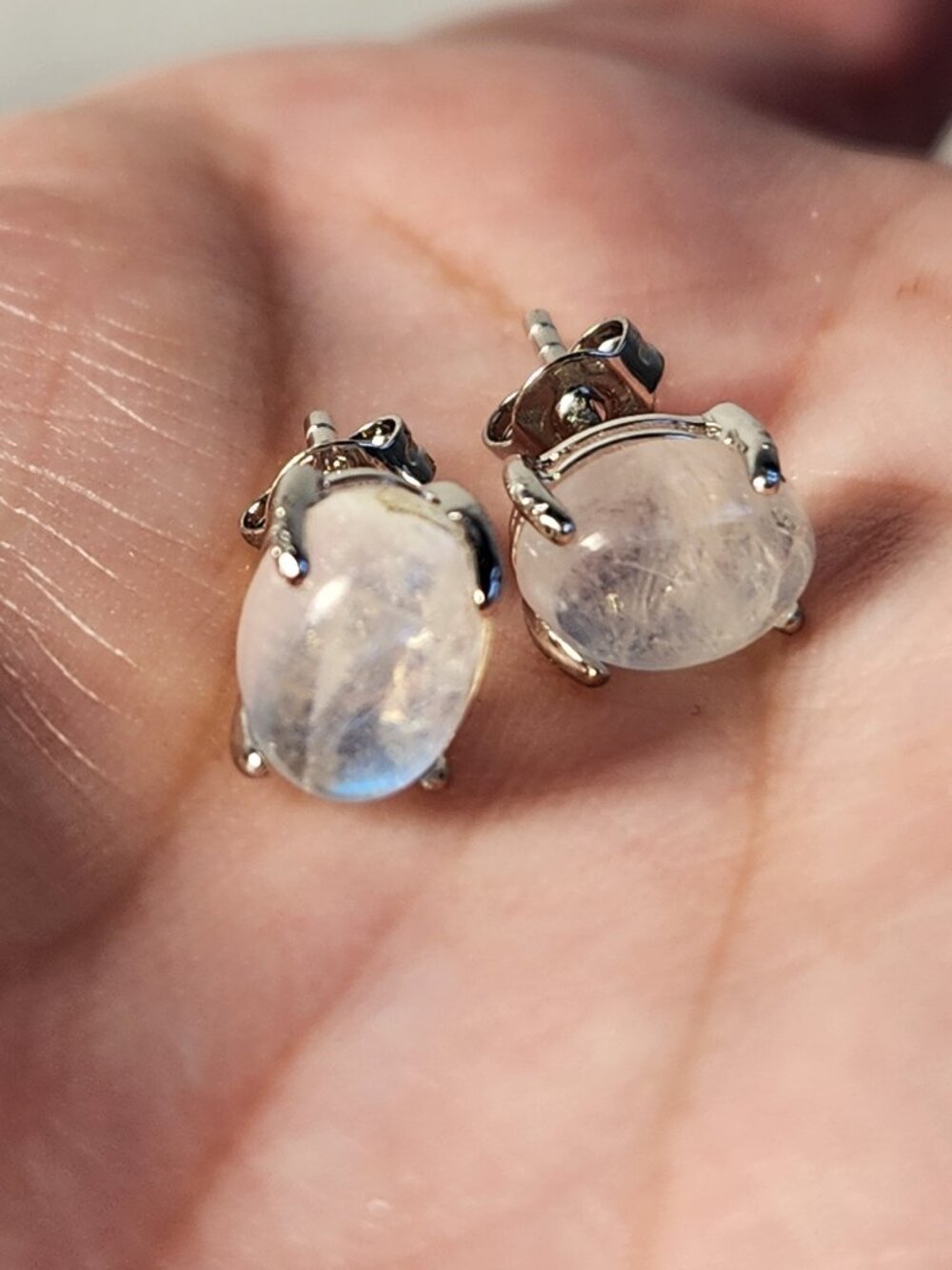 VTG NIB 925 Natural Clear Blue Fire Rainbow Moonstone Stud Earrings My Last One - Picture 3 of 14